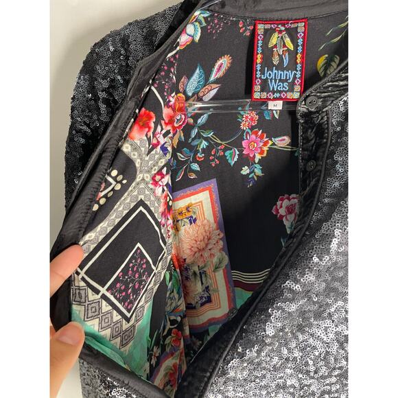 Johnny Was Black Silver Ombre Full Sequin Long Sleeve Button Down Blouse Medium - Picture 5 of 6